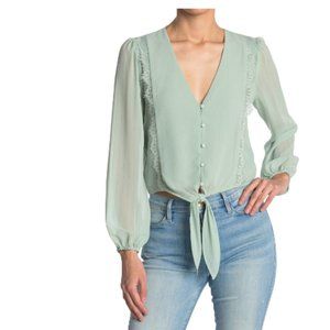 NEW Lace Trim Knotted Long Sleeve Blouse SAGE, Size Small